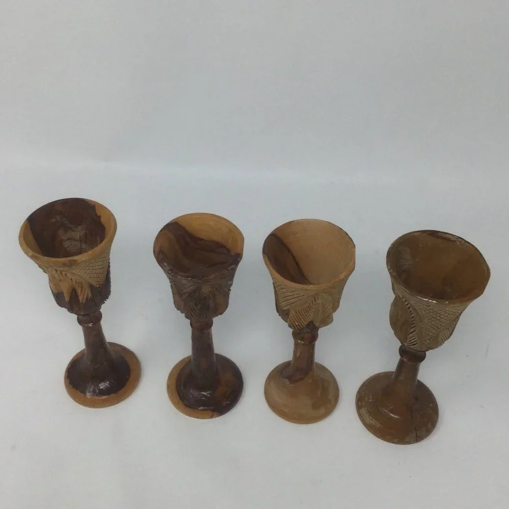 4 Vintage Wood Hand Carved Goblets Small